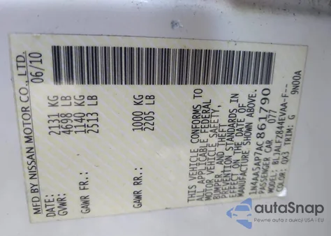 2010 Nissan Maxima 3.5 Sv из США, поврежденный, VIN 1N4AA5AP7AC861790